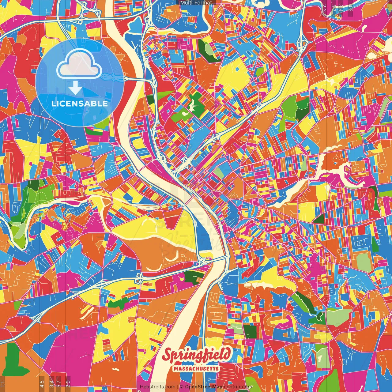 Springfield, Massachusetts, United States Crazy Colorful Street Map Poster Template