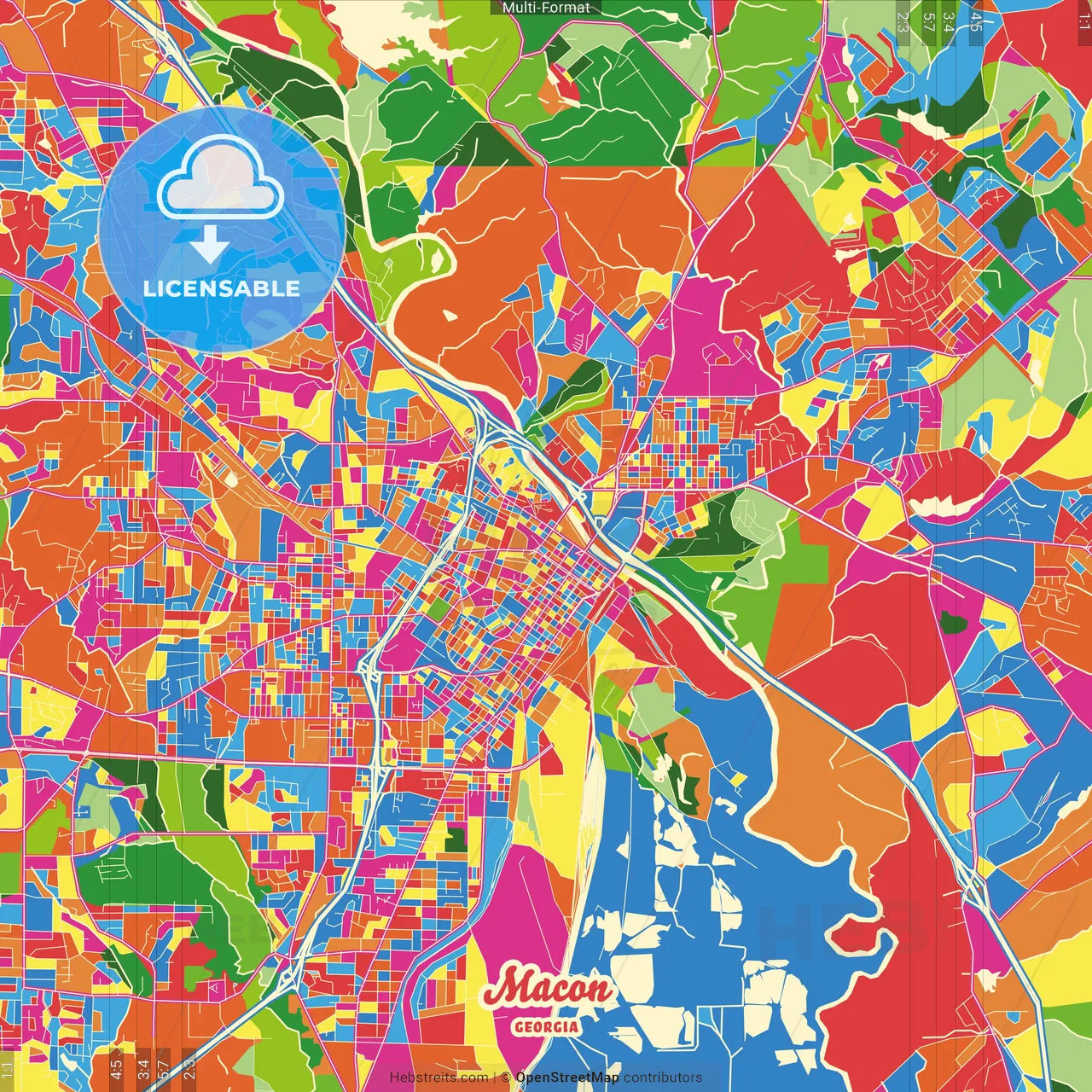 Macon, Georgia, United States Crazy Colorful Street Map Poster Template