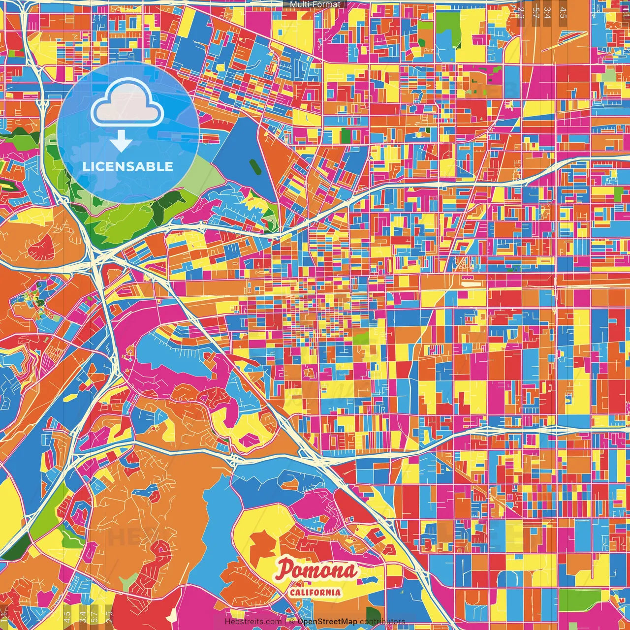 Pomona, California, United States Crazy Colorful Street Map Poster Template