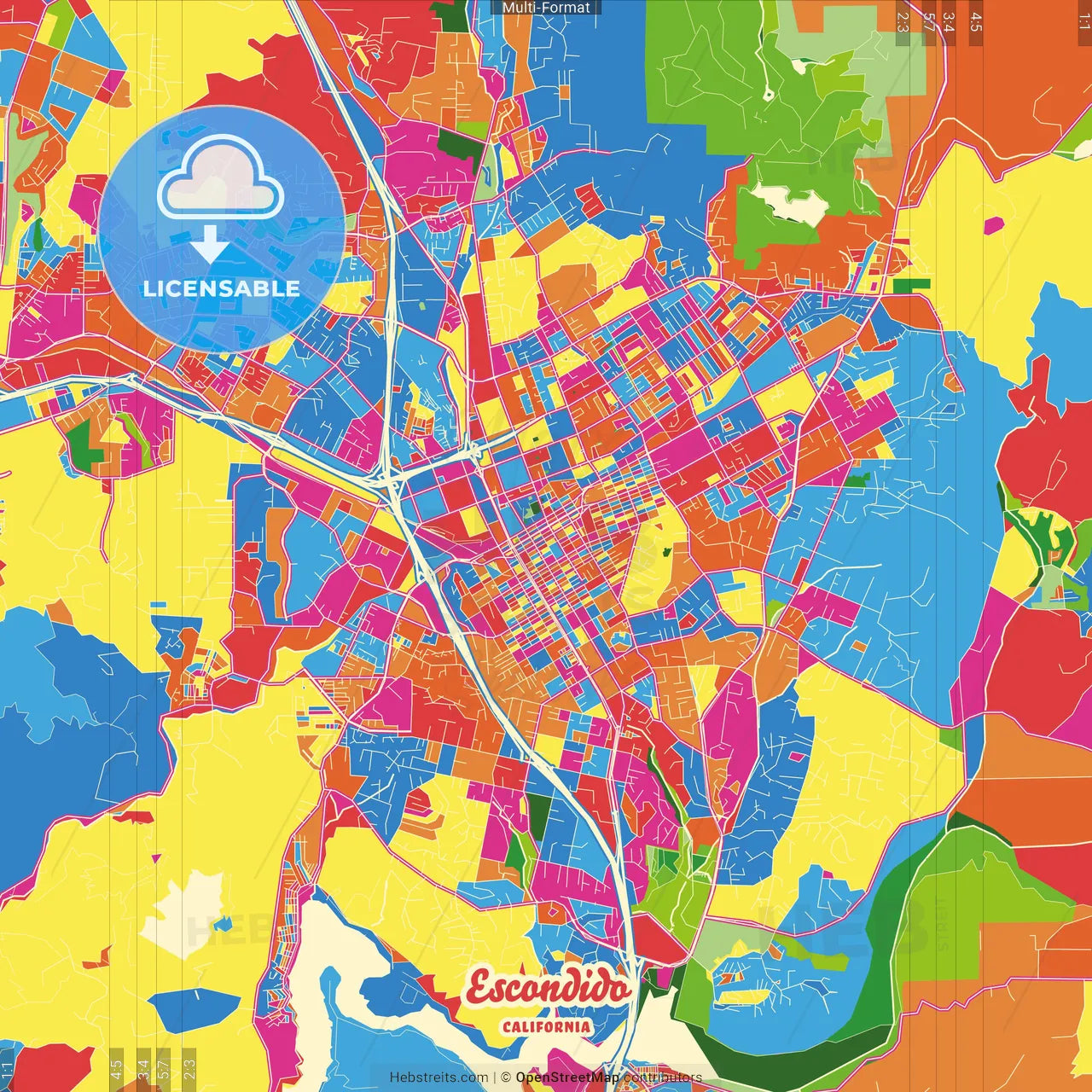 Escondido, California, United States Crazy Colorful Street Map Poster Template