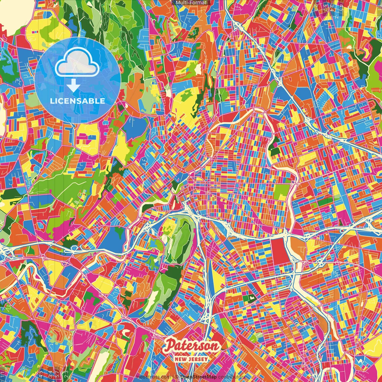 Paterson, New Jersey, United States Crazy Colorful Street Map Poster Template