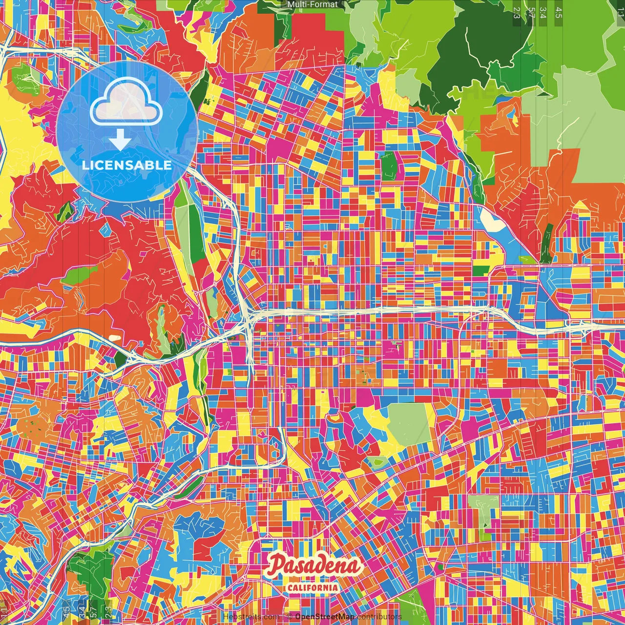 Pasadena, California, United States Crazy Colorful Street Map Poster Template