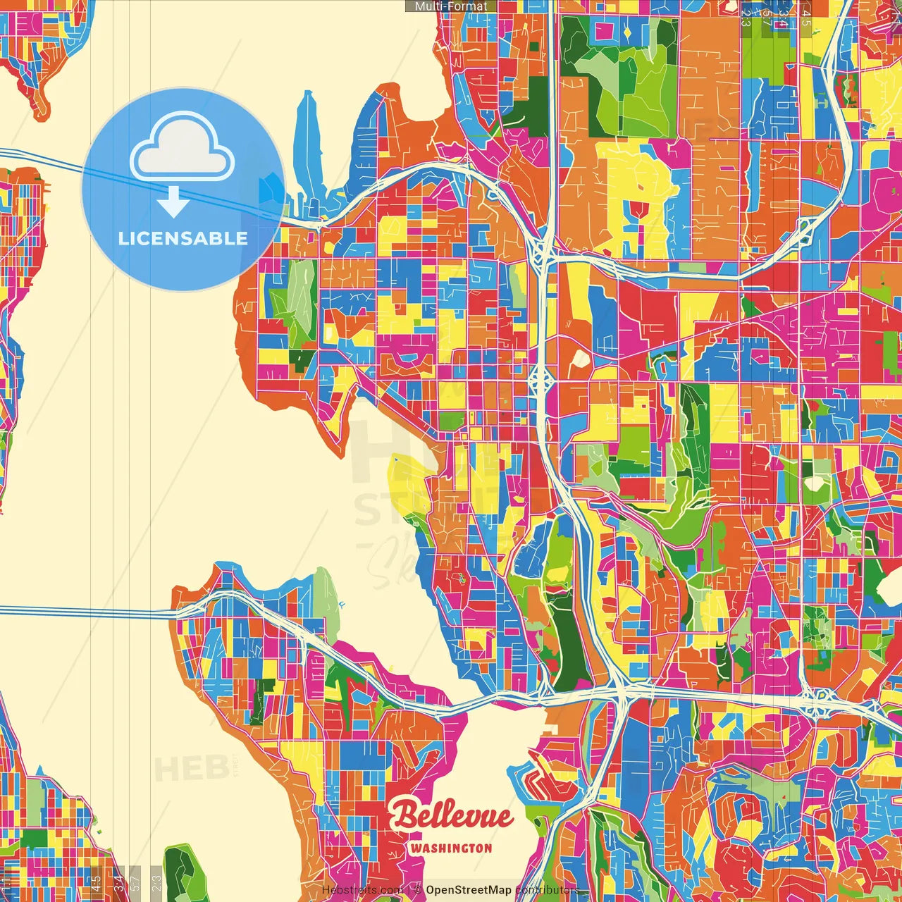 Bellevue, Washington, United States Crazy Colorful Street Map Poster Template