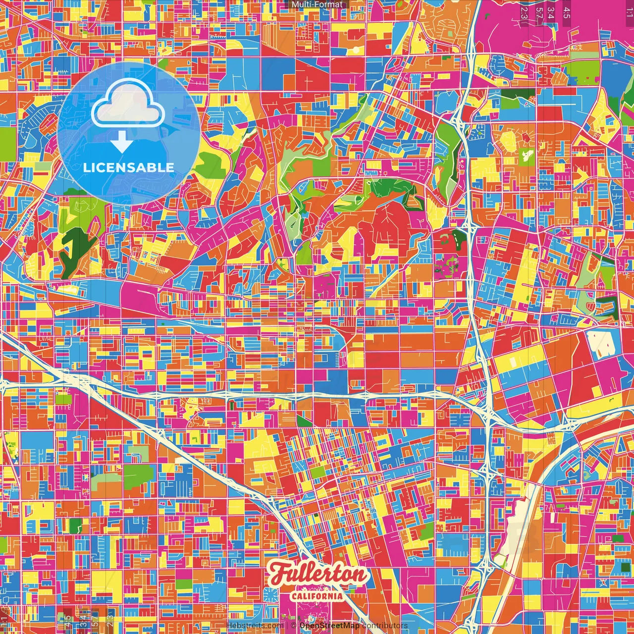 Fullerton, California, United States Crazy Colorful Street Map Poster Template