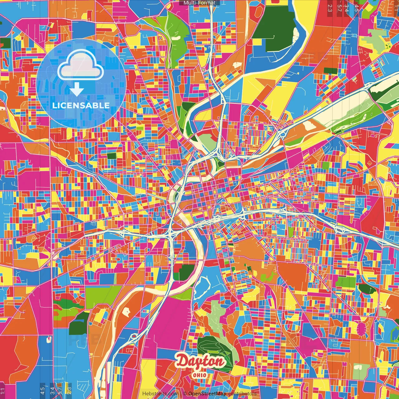 Dayton, Ohio, United States Crazy Colorful Street Map Poster Template