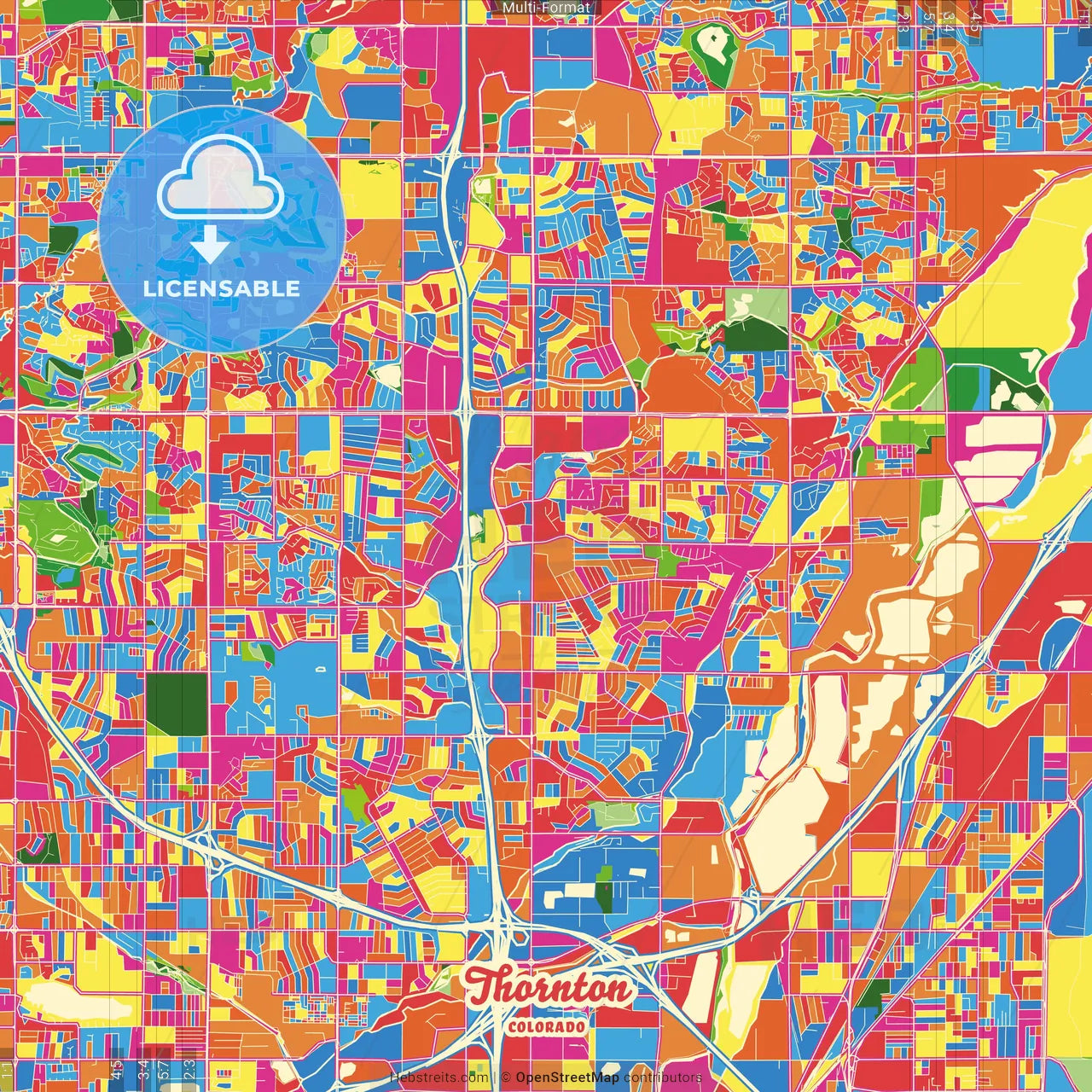 Thornton, Colorado, United States Crazy Colorful Street Map Poster Template