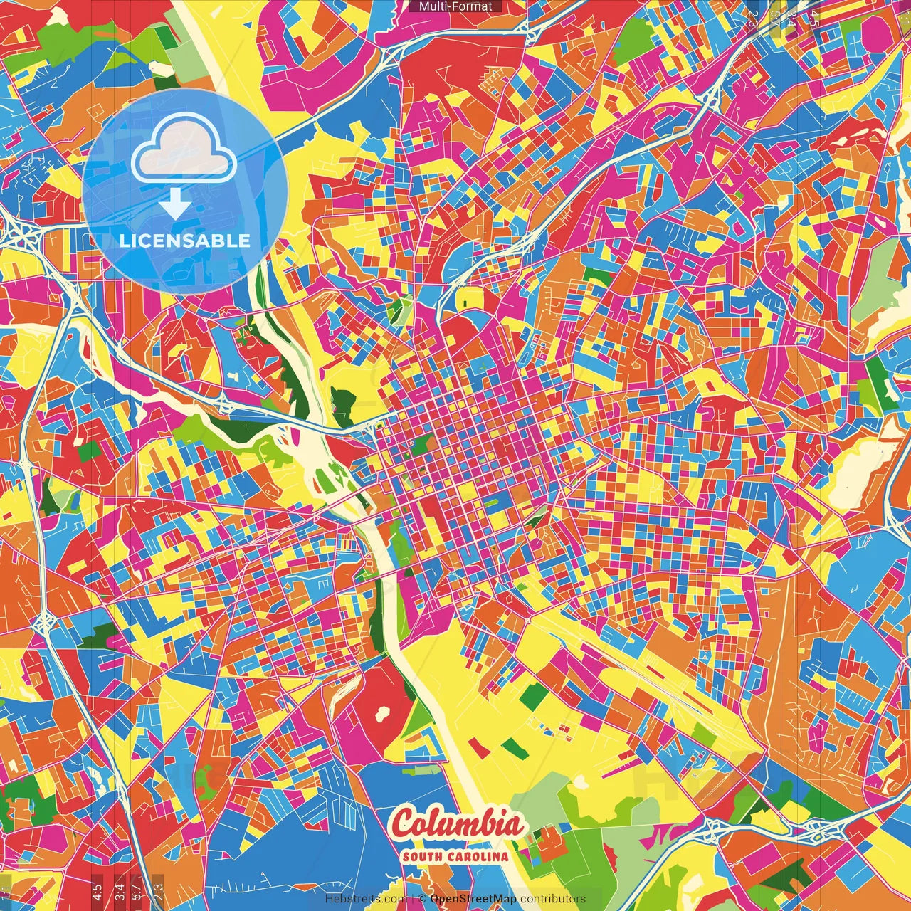 Columbia, South Carolina, United States Crazy Colorful Street Map Poster Template