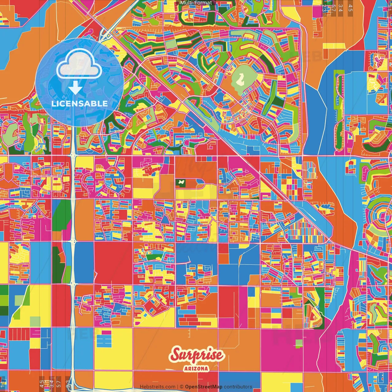 Surprise, Arizona, United States Crazy Colorful Street Map Poster Template