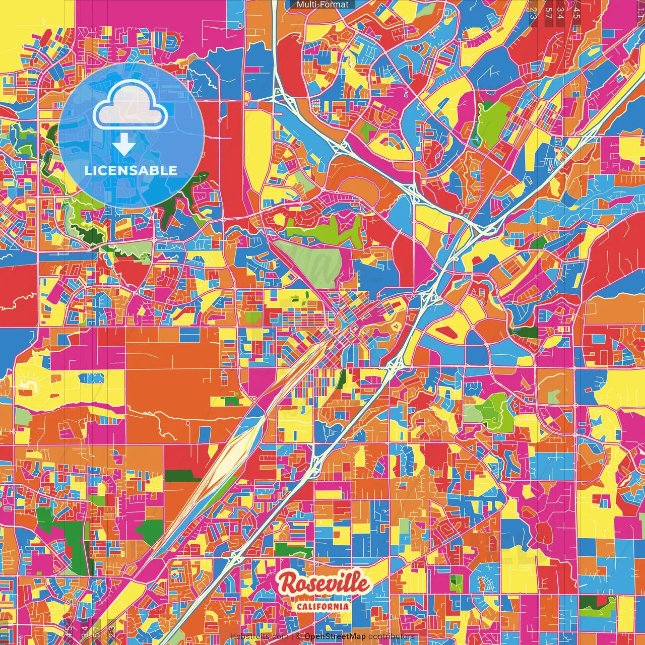 Roseville, California, United States Crazy Colorful Street Map Poster Template