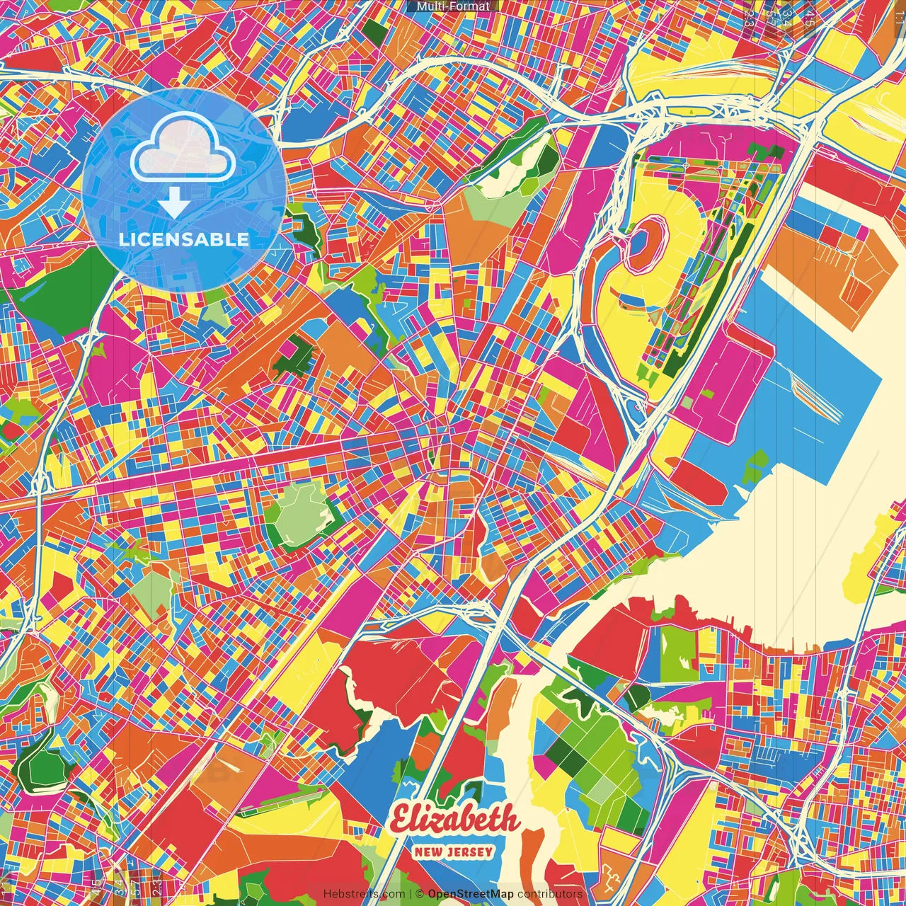 Elizabeth, New Jersey, United States Crazy Colorful Street Map Poster Template