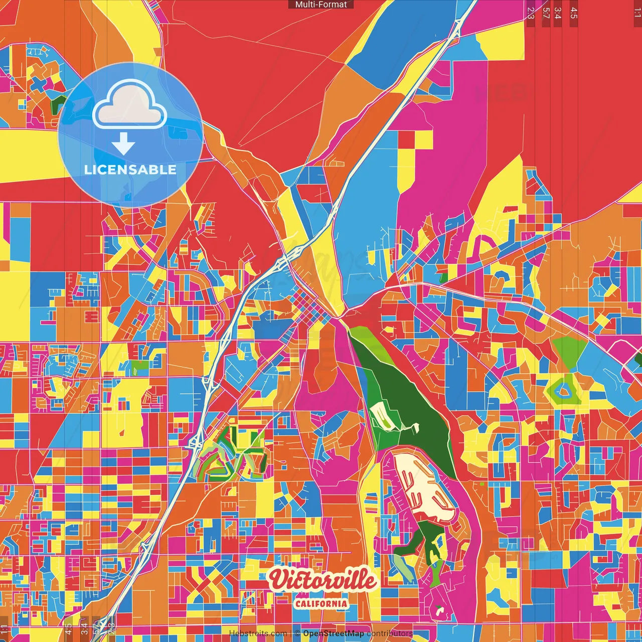 Victorville, California, United States Crazy Colorful Street Map Poster Template