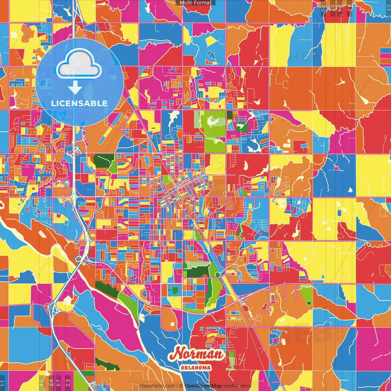 Norman, Oklahoma, United States Crazy Colorful Street Map Poster Template