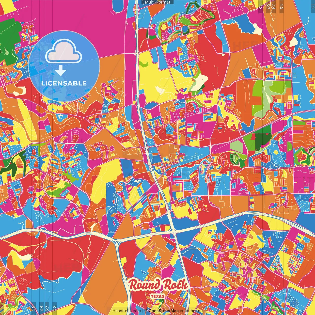 Round Rock, Texas, United States Crazy Colorful Street Map Poster Template