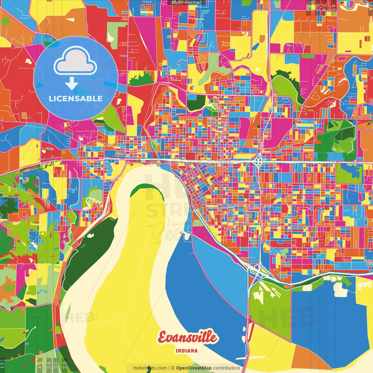 Evansville, Indiana, United States Crazy Colorful Street Map Poster Template