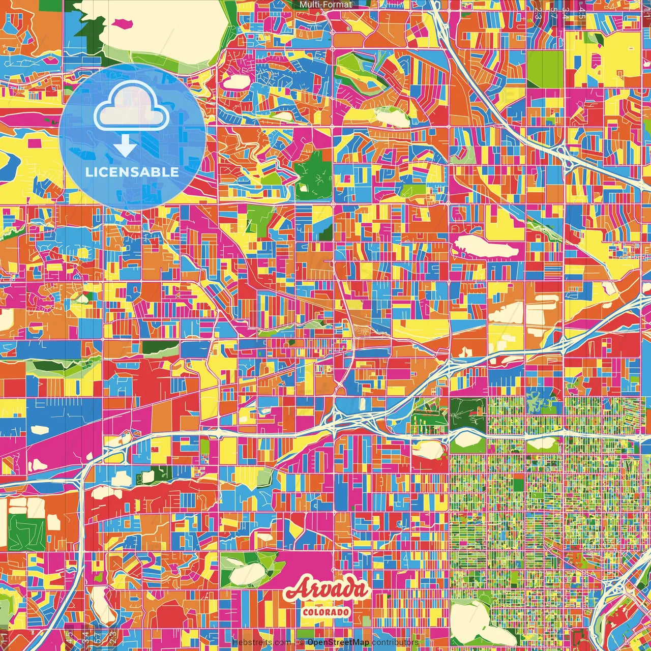 Arvada, Colorado, United States Crazy Colorful Street Map Poster Template