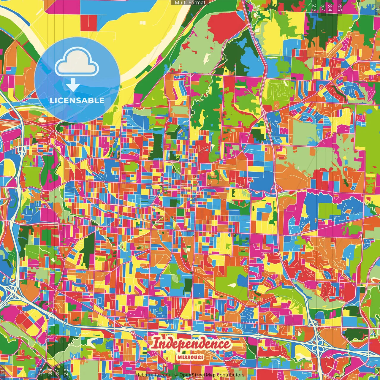 Independence, Missouri, United States Crazy Colorful Street Map Poster Template