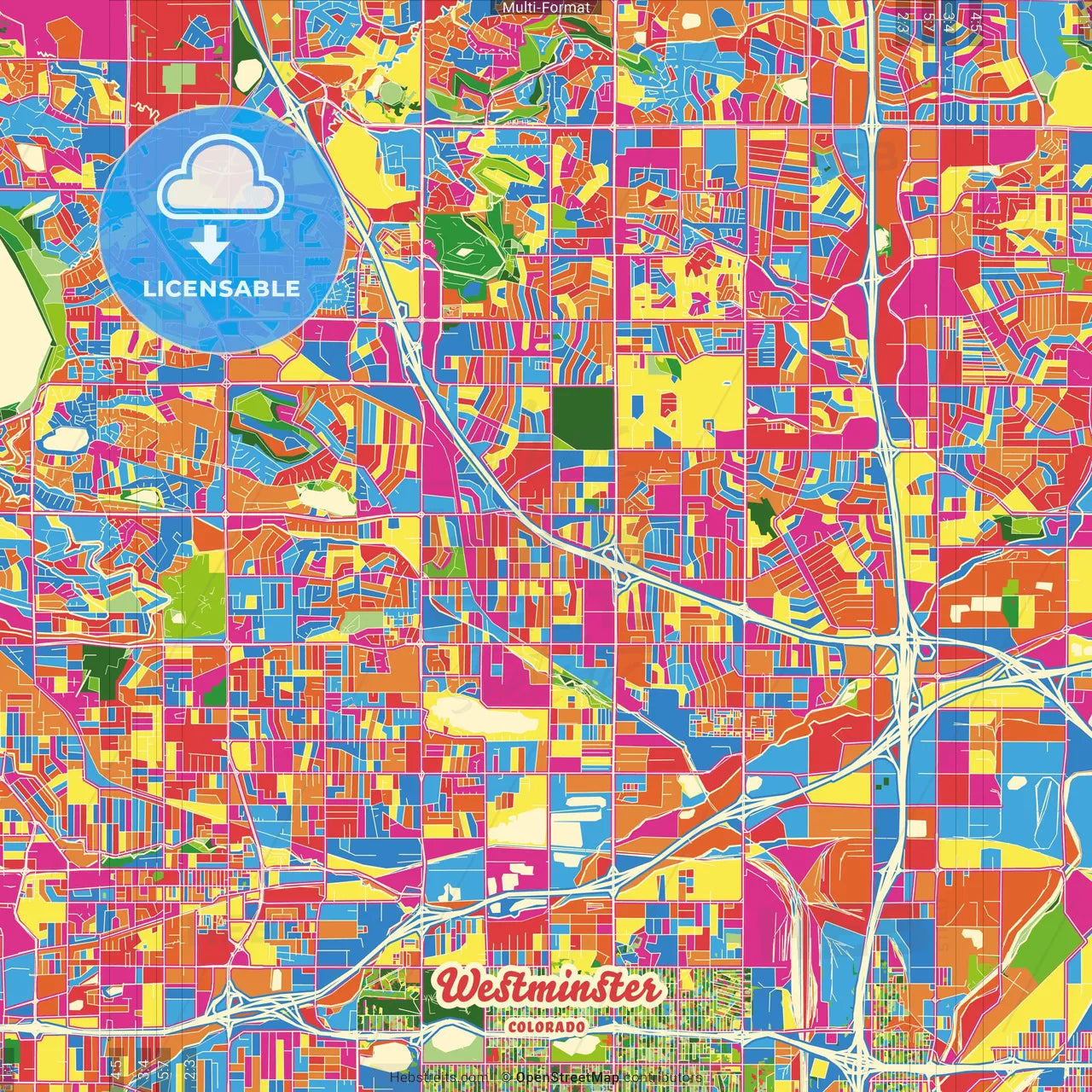 Westminster, Colorado, United States Crazy Colorful Street Map Poster Template