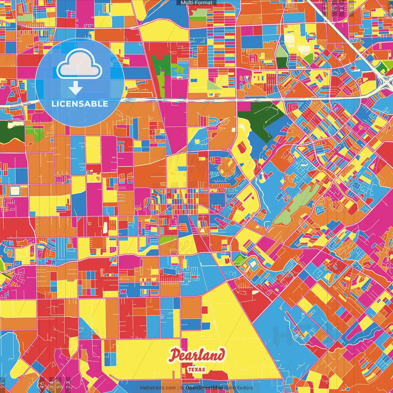 Pearland, Texas, United States Crazy Colorful Street Map Poster Template