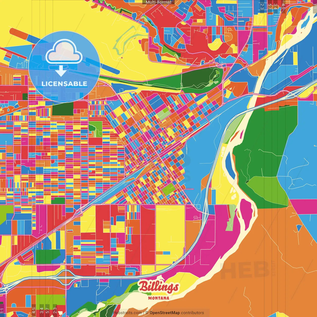 Billings, Montana, United States Crazy Colorful Street Map Poster Template