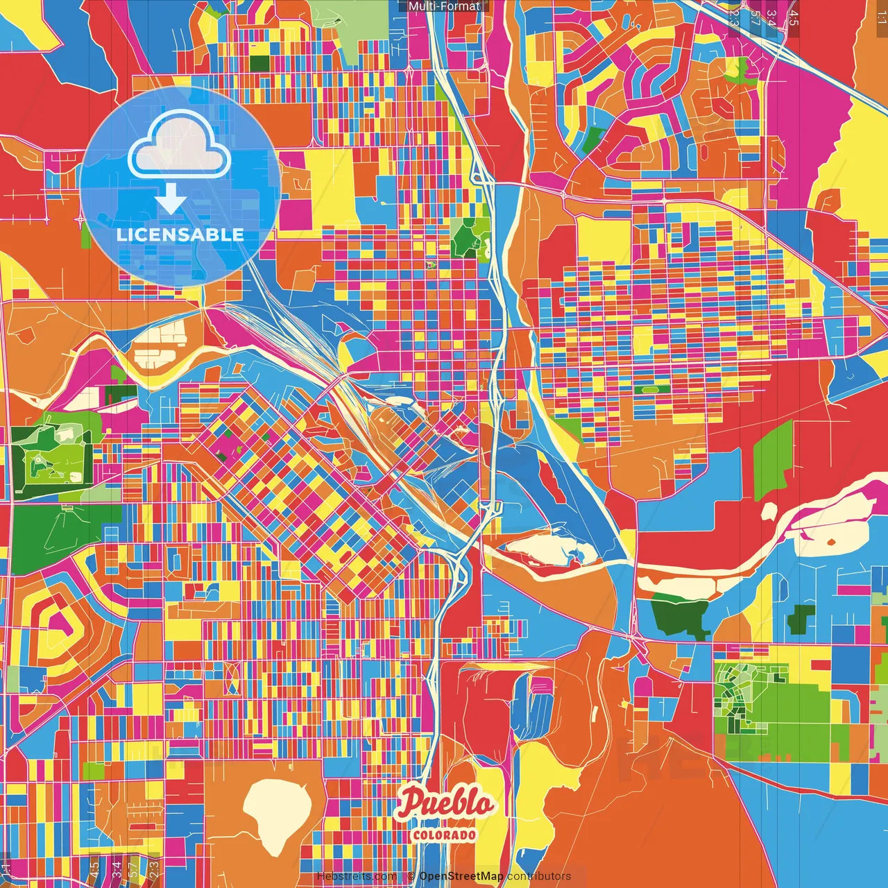 Pueblo, Colorado, United States Crazy Colorful Street Map Poster Template