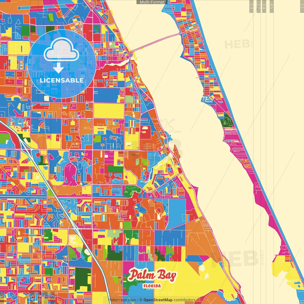Palm Bay, Florida, United States Crazy Colorful Street Map Poster Template