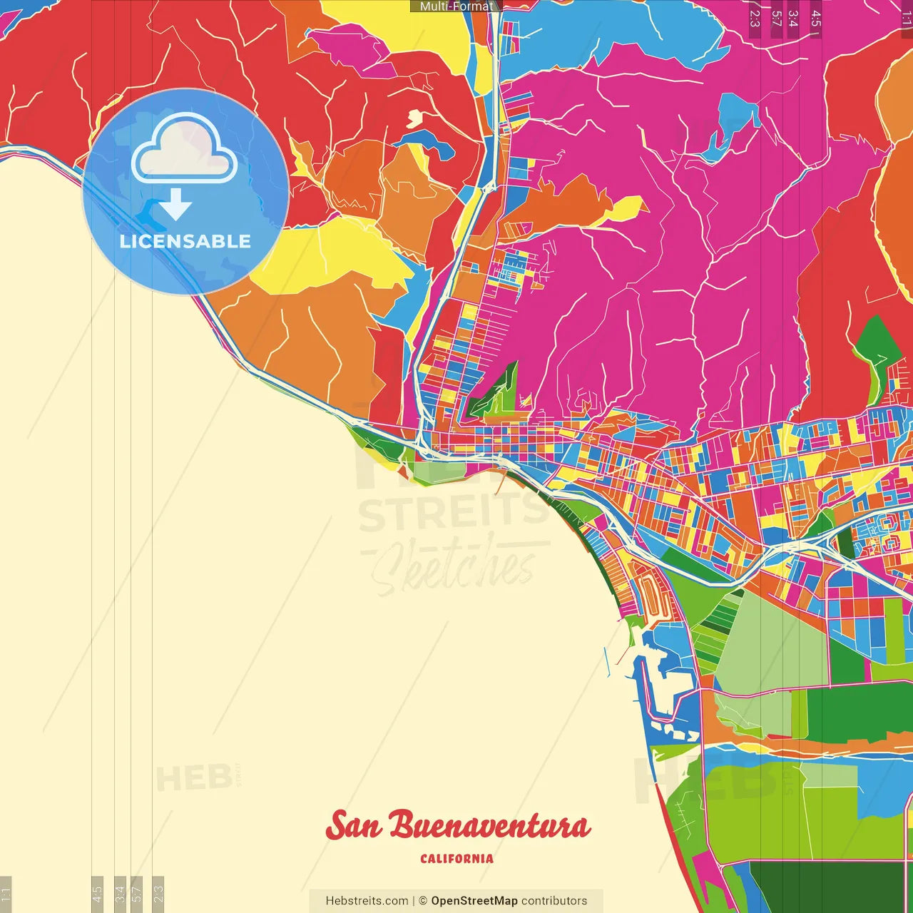 San Buenaventura, California, United States Crazy Colorful Street Map Poster Template