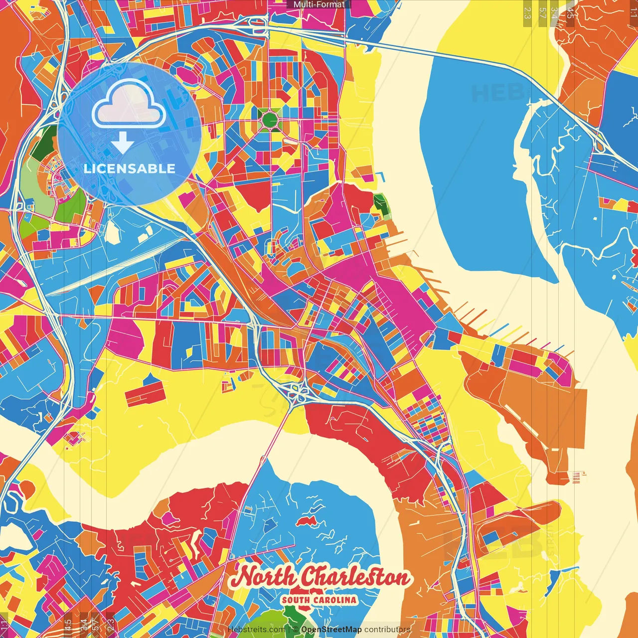 North Charleston, South Carolina, United States Crazy Colorful Street Map Poster Template