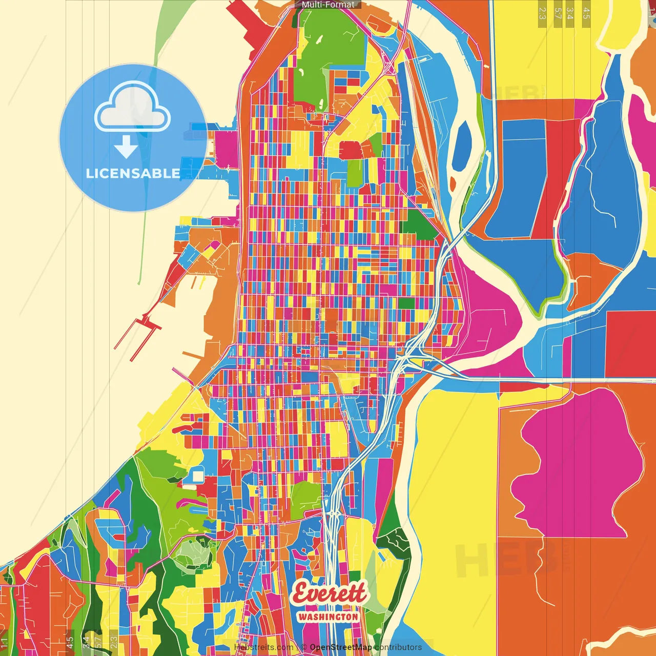 Everett, Washington, United States Crazy Colorful Street Map Poster Template