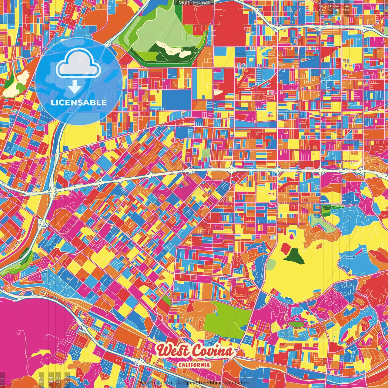 West Covina, California, United States Crazy Colorful Street Map Poster Template