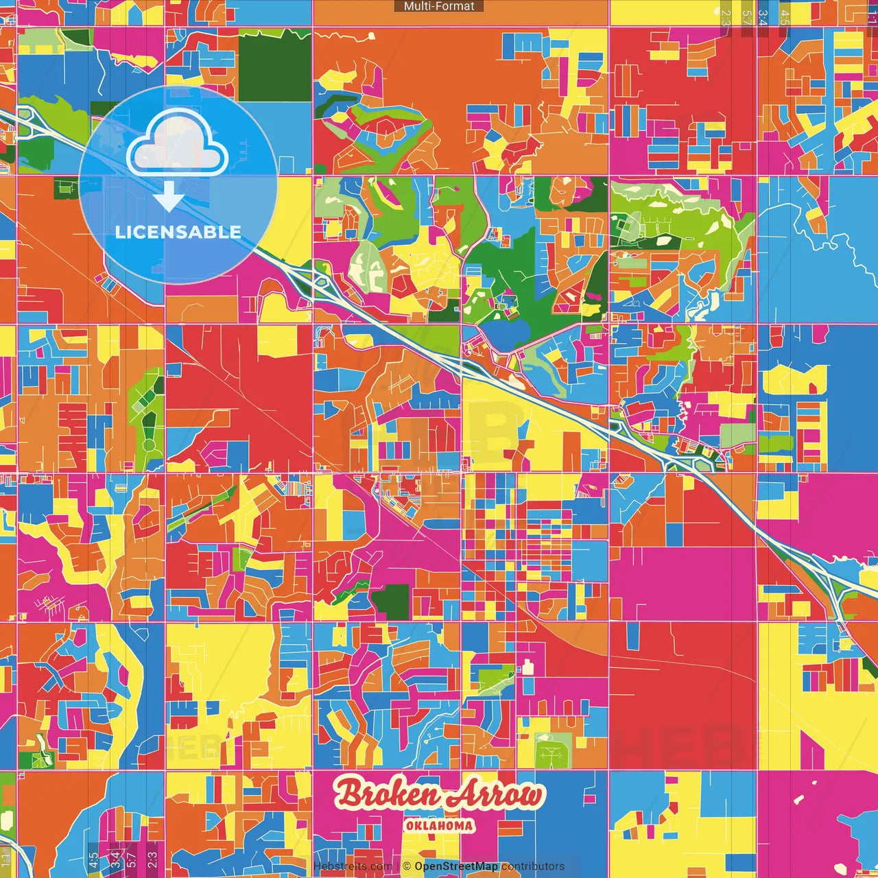 Broken Arrow, Oklahoma, United States Crazy Colorful Street Map Poster Template