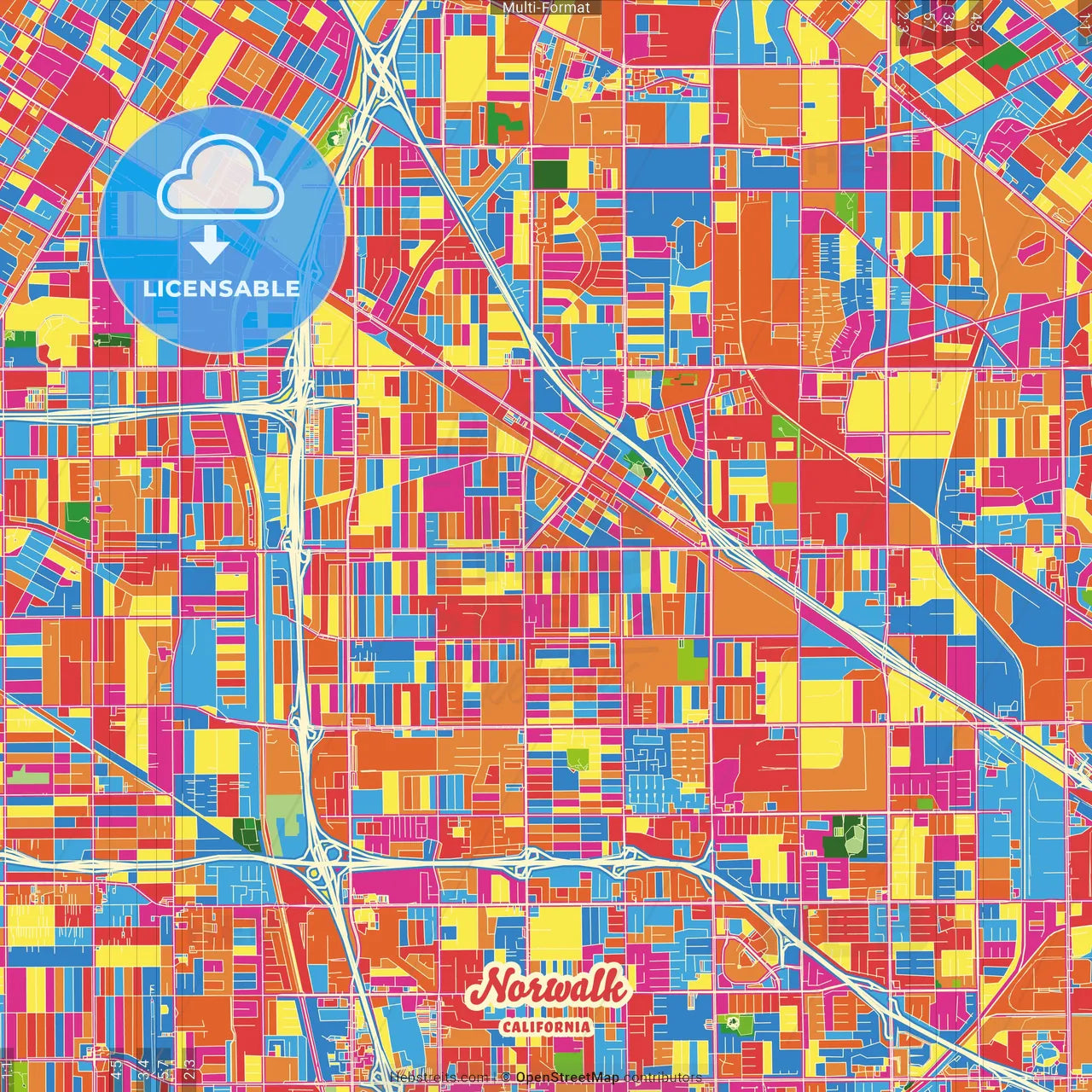 Norwalk, California, United States Crazy Colorful Street Map Poster Template