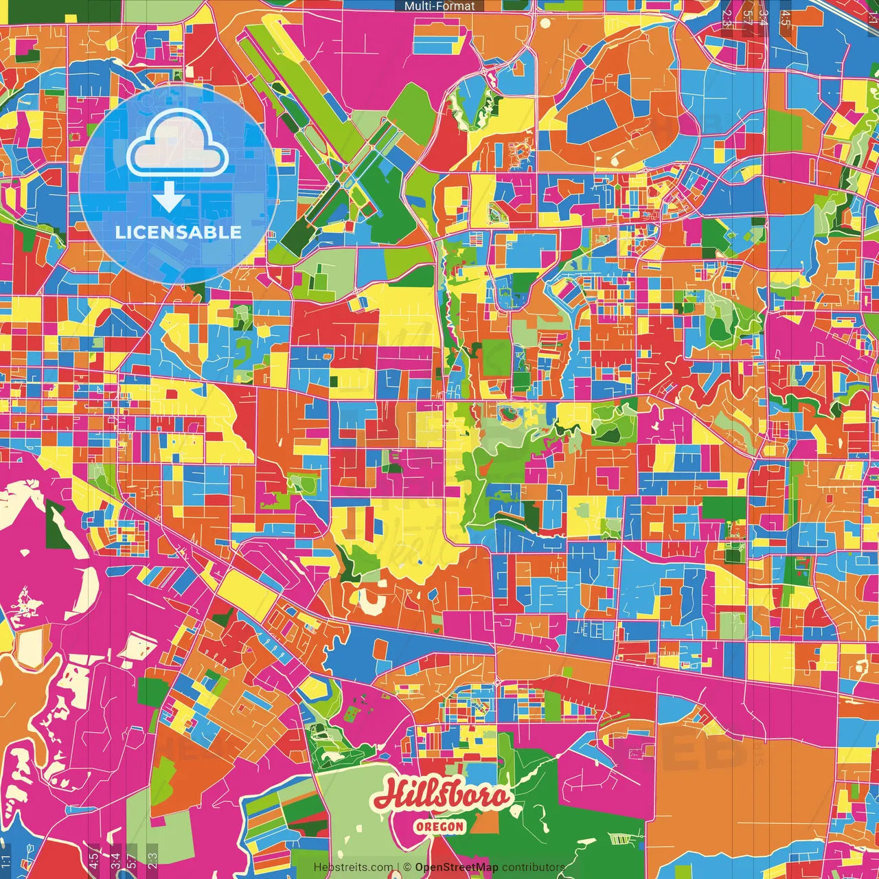 Hillsboro, Oregon, United States Crazy Colorful Street Map Poster Template