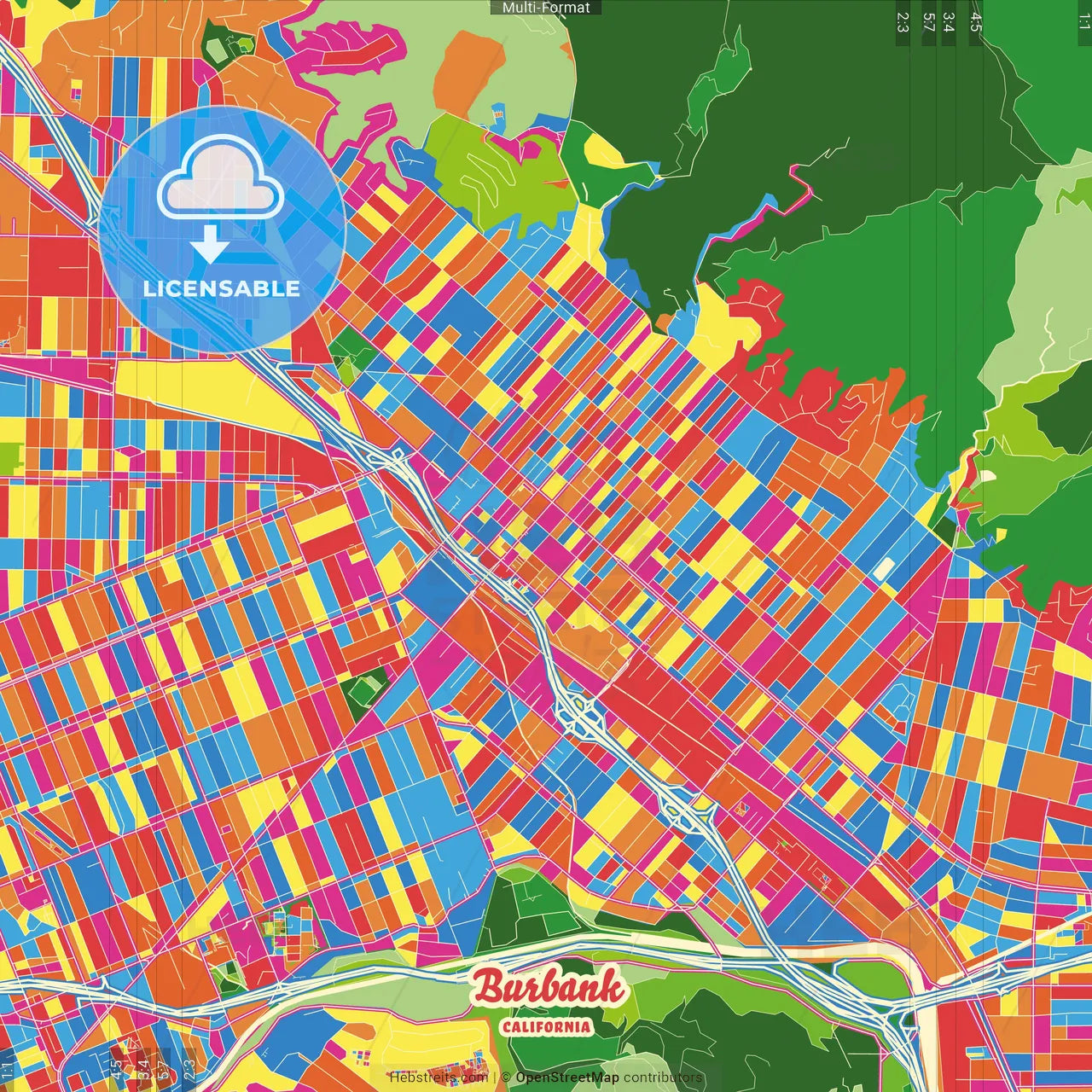 Burbank, California, United States Crazy Colorful Street Map Poster Template
