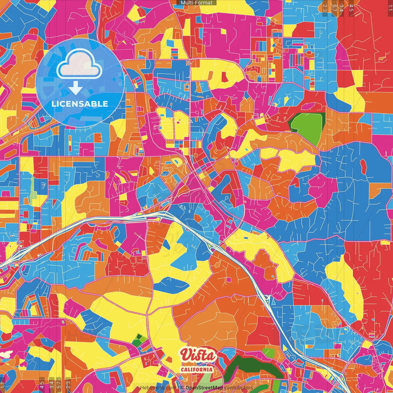 Vista, California, United States Crazy Colorful Street Map Poster Template
