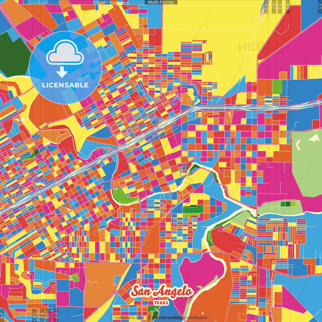 San Angelo, Texas, United States Crazy Colorful Street Map Poster Template