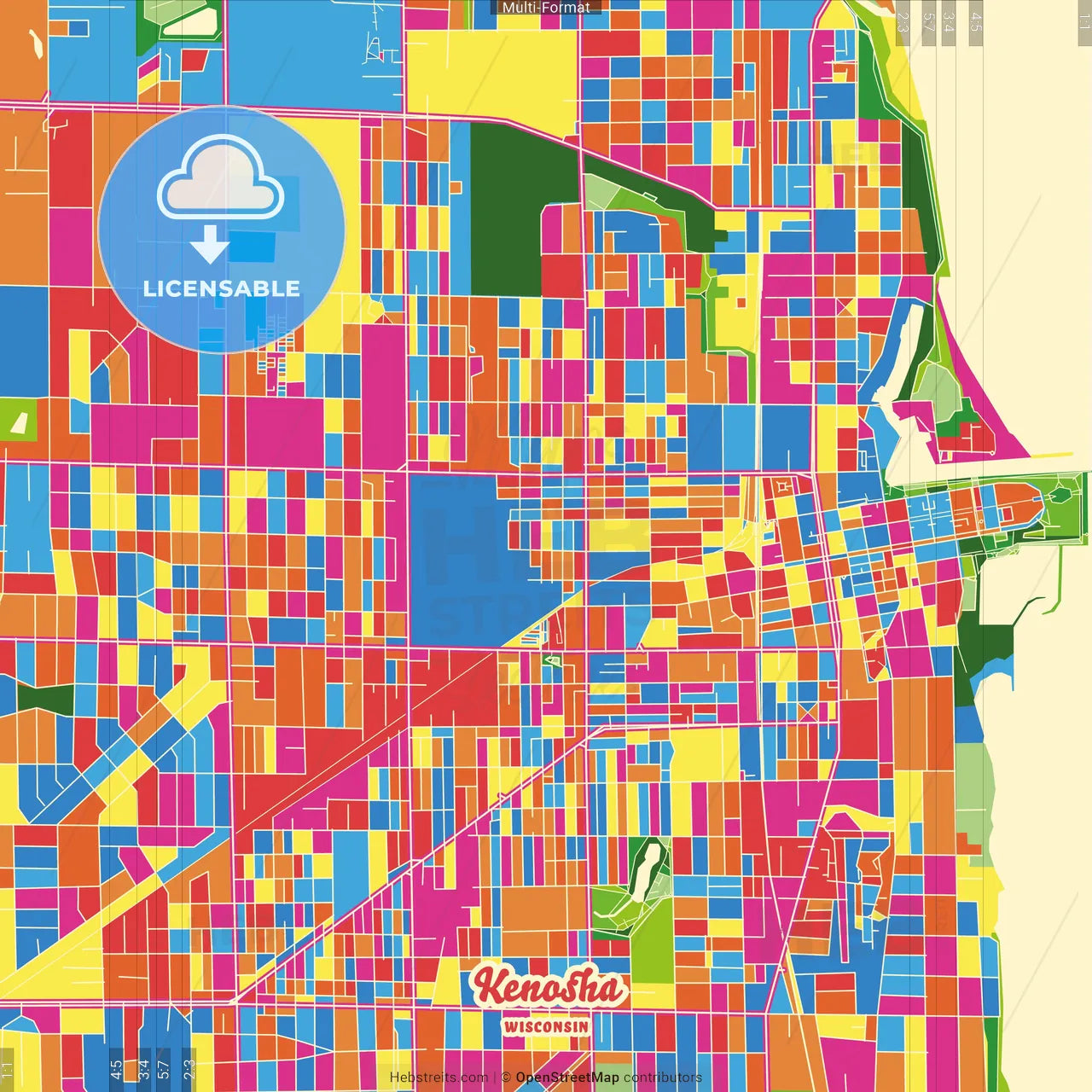 Kenosha, Wisconsin, United States Crazy Colorful Street Map Poster Template