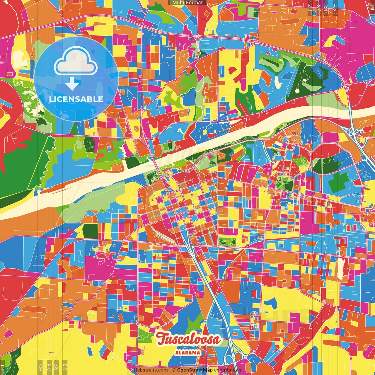 Tuscaloosa, Alabama, United States Crazy Colorful Street Map Poster Template