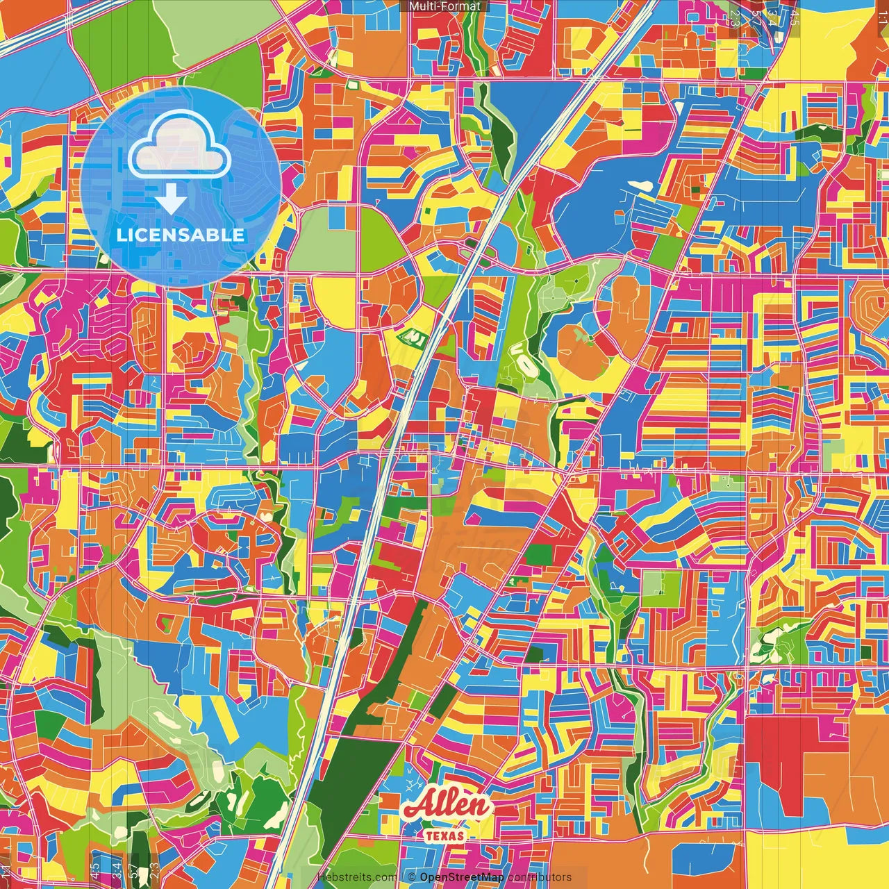 Allen, Texas, United States Crazy Colorful Street Map Poster Template