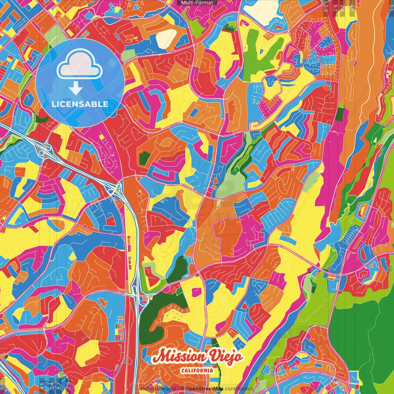 Mission Viejo, California, United States Crazy Colorful Street Map Poster Template