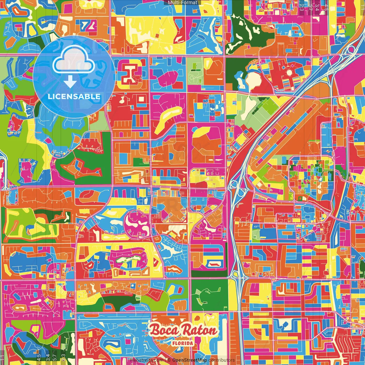 Boca Raton, Florida, United States Crazy Colorful Street Map Poster Template