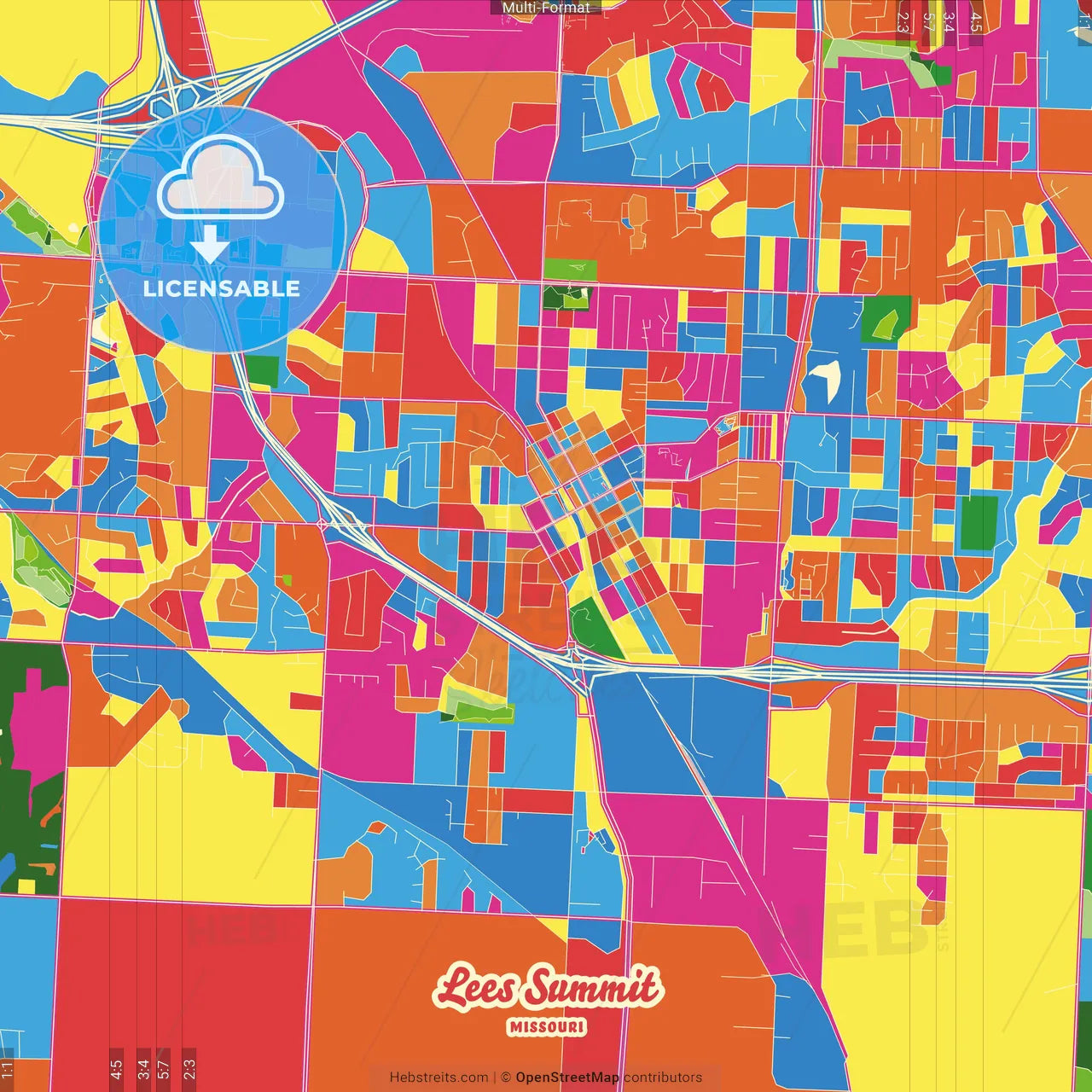 Lees Summit, Missouri, United States Crazy Colorful Street Map Poster Template