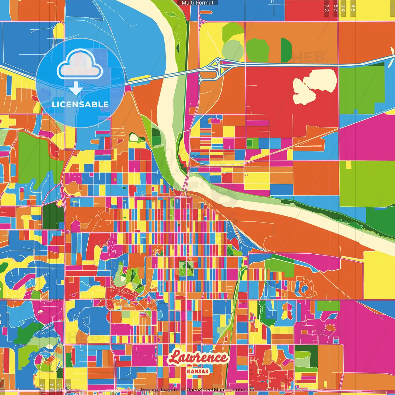 Lawrence, Kansas, United States Crazy Colorful Street Map Poster Template