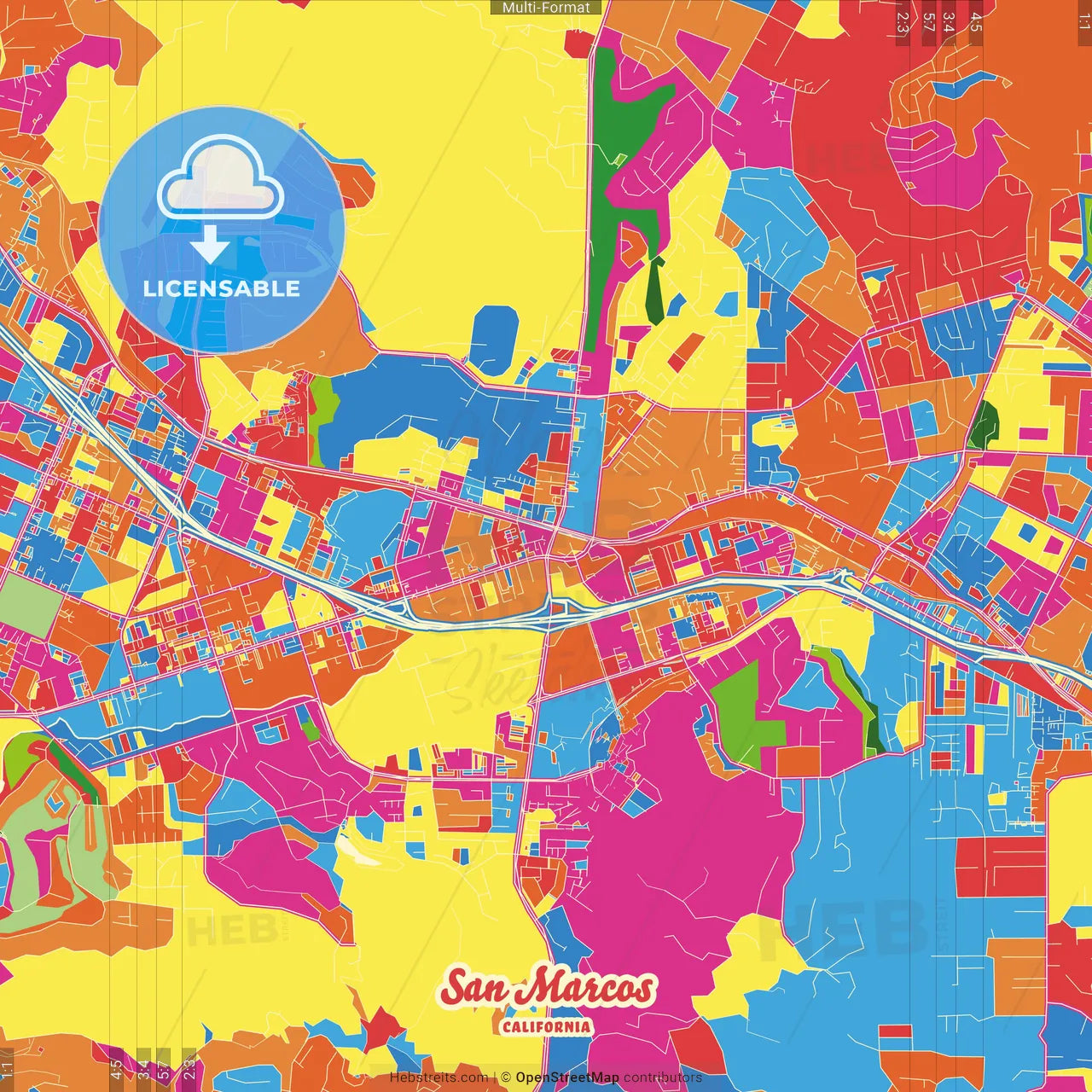 San Marcos, California, United States Crazy Colorful Street Map Poster Template