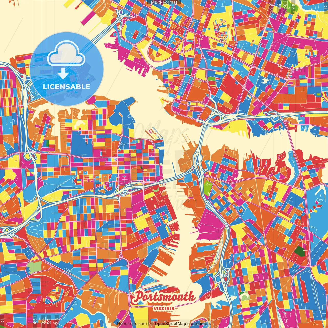 Portsmouth, Virginia, United States Crazy Colorful Street Map Poster Template