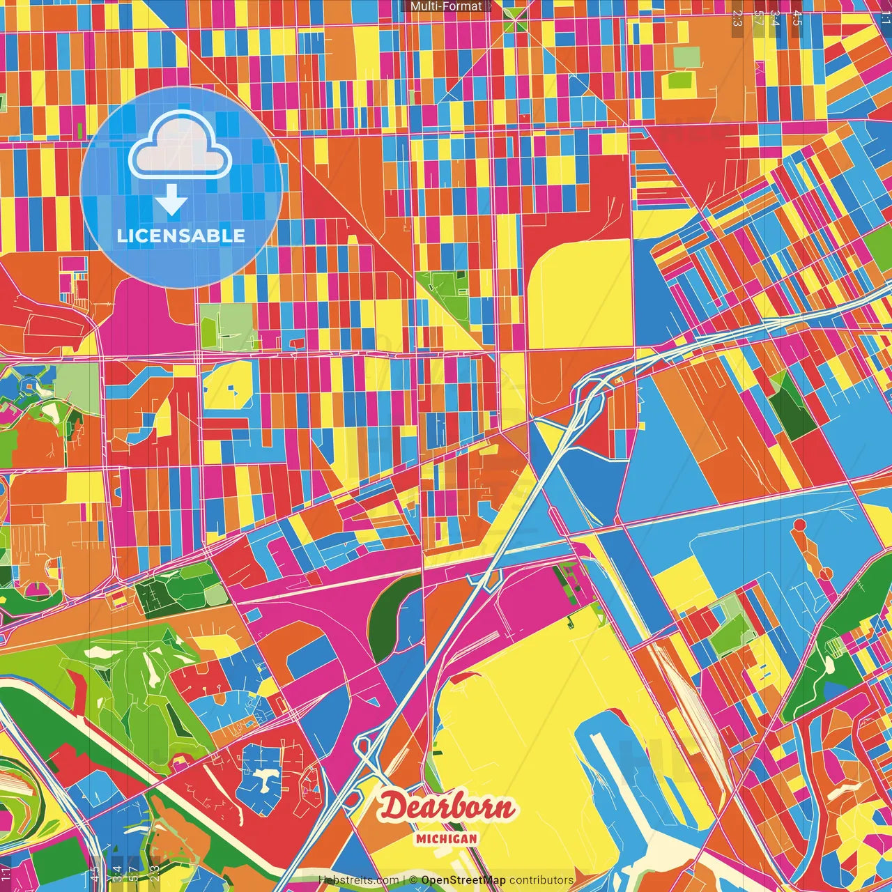 Dearborn, Michigan, United States Crazy Colorful Street Map Poster Template