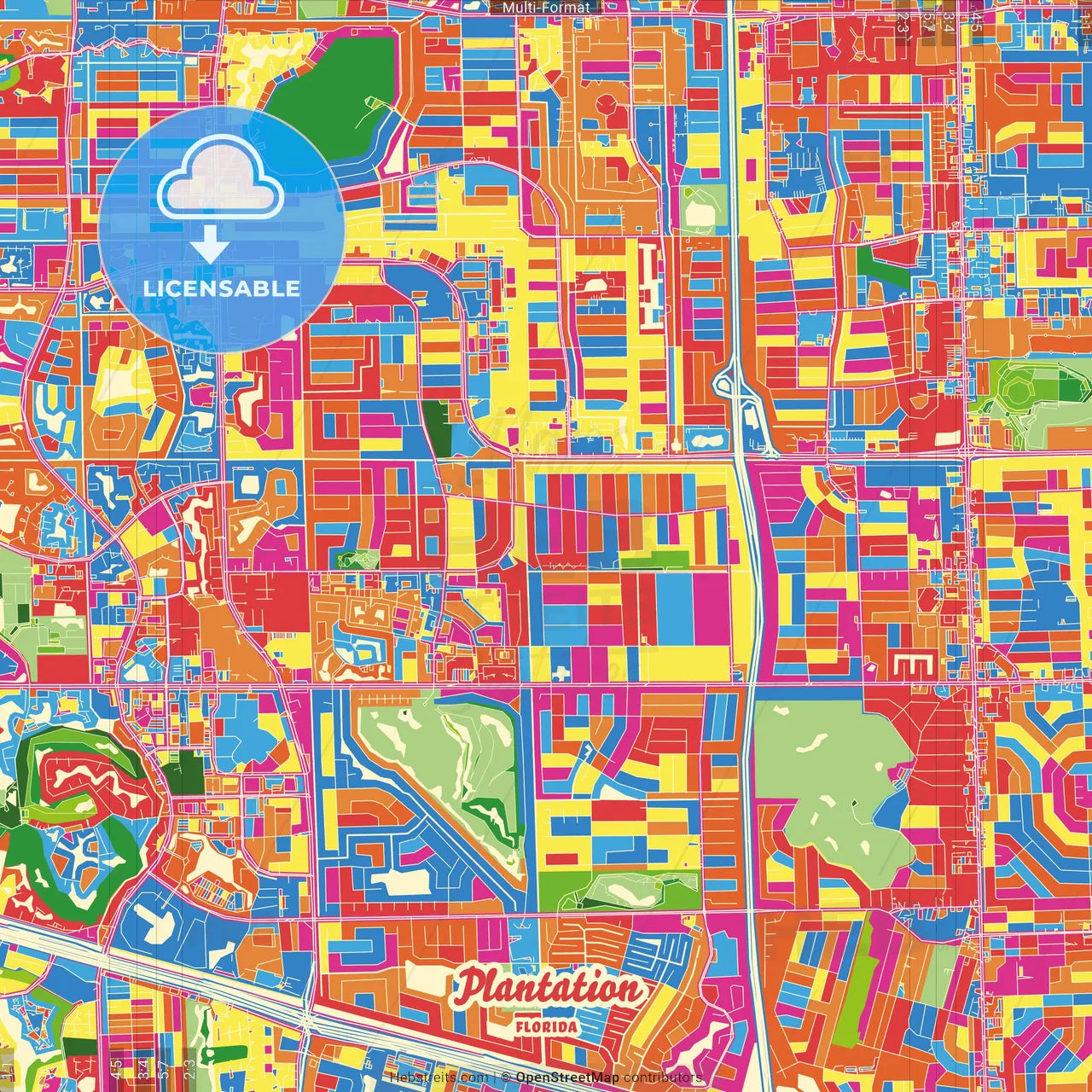 Plantation, Florida, United States Crazy Colorful Street Map Poster Template