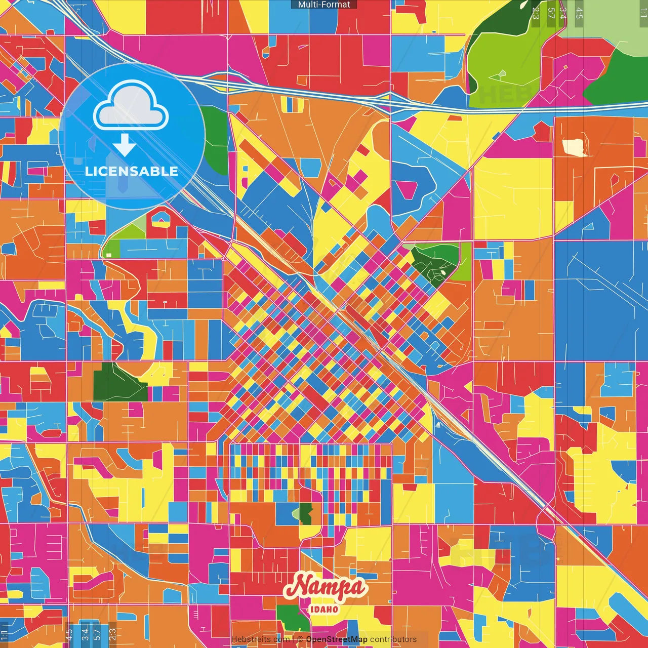 Nampa, Idaho, United States Crazy Colorful Street Map Poster Template
