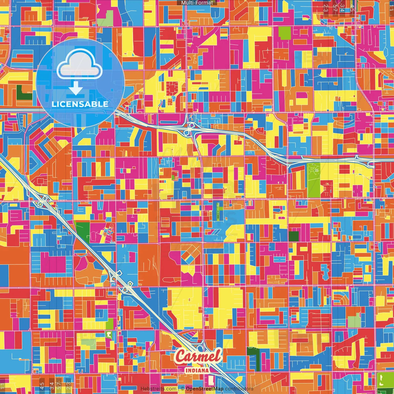Carmel, Indiana, United States Crazy Colorful Street Map Poster Template