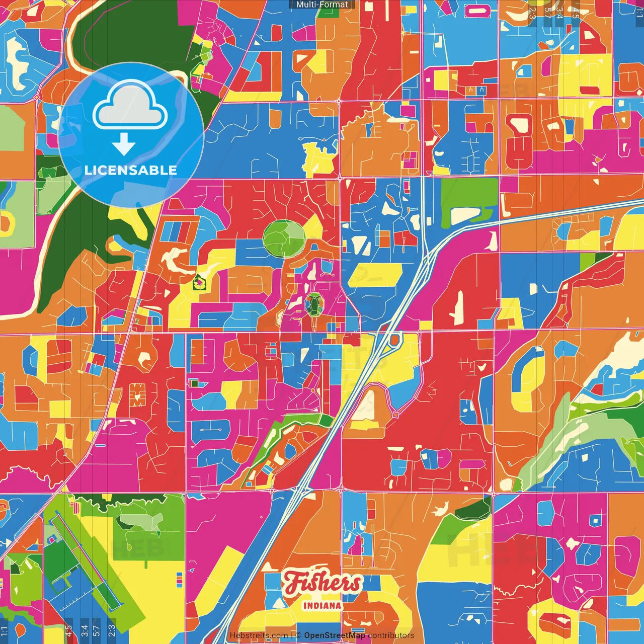 Fishers, Indiana, United States Crazy Colorful Street Map Poster Template