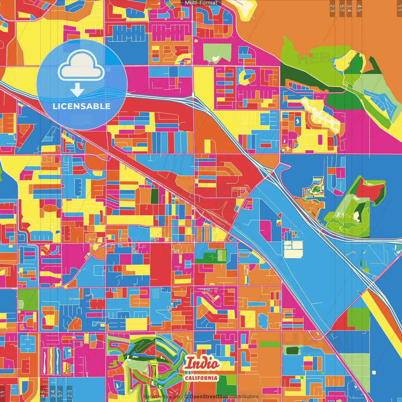 Indio, California, United States Crazy Colorful Street Map Poster Template